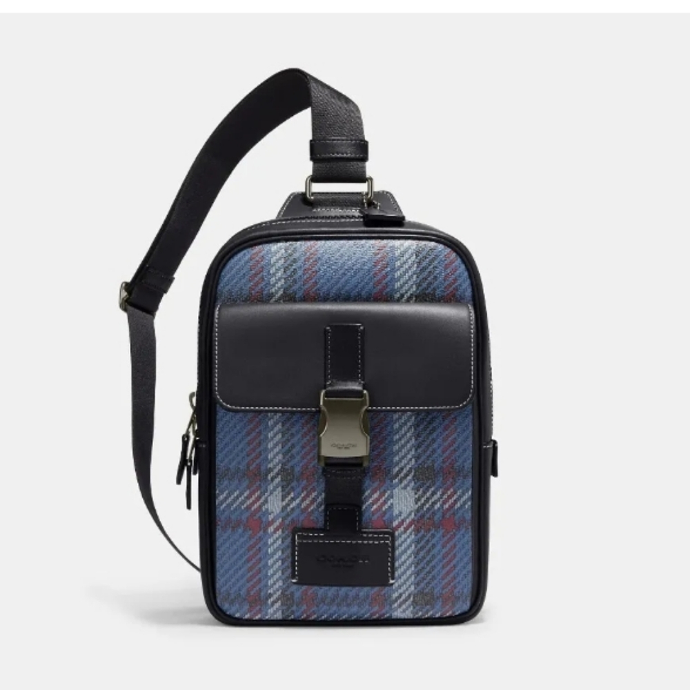 Coach Men's Sling Track Backpack with Blue Plaid Leather Canvas Bookbag $398